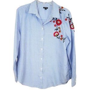 HANNAH Blue & White Striped Embroidered Floral Button Down Blouse - Women's L